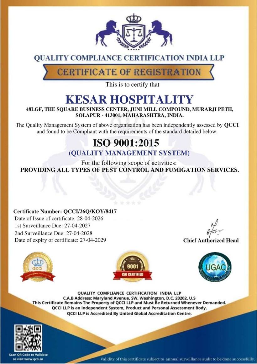 ISO 9001:2015 certificate - Kesar Hospitality