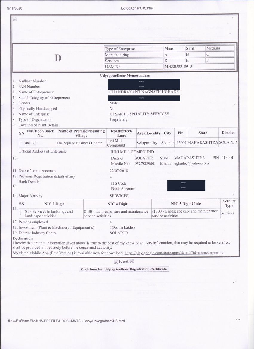 Udyog Aadhaar MSME registration, personal identifiers redacted